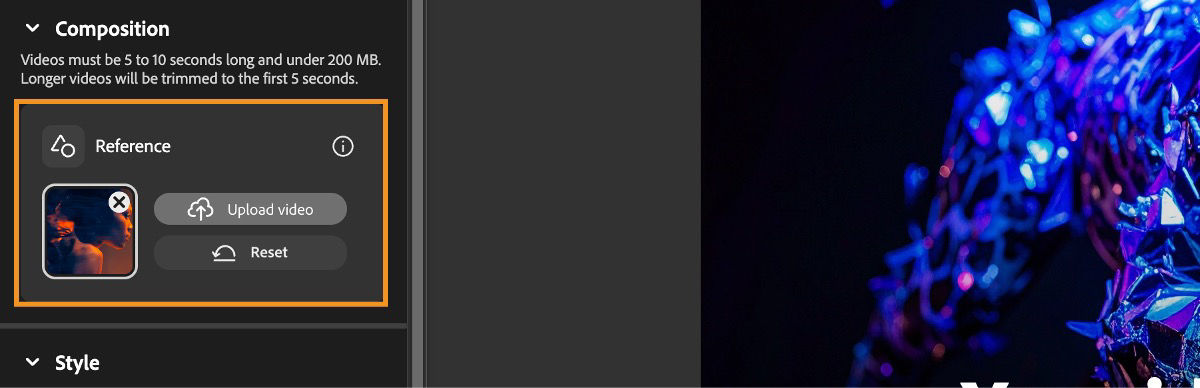 Adobe Firefly 视频构图参考设置界面