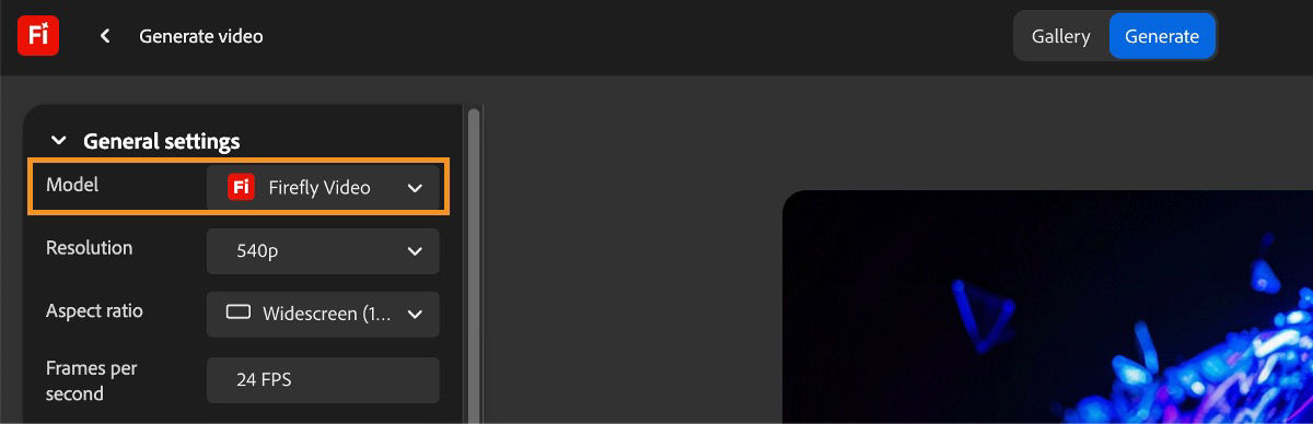 Adobe Firefly 视频模型和参数选择界面