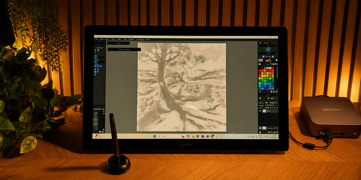 Huion Kamvas 22 Gen 3 数位屏工作场景。图片来源：Future / Creative Bloq。