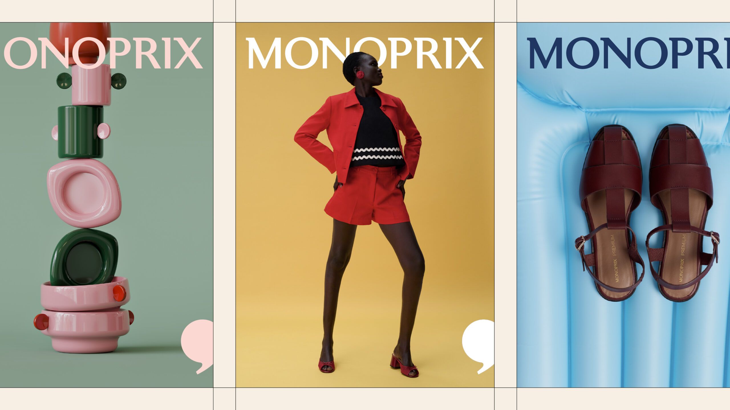 Monoprix 新身份把法国流行文化延伸到完整零售触点。图片来源：Monoprix / W Conran Design / Creative Bloq。