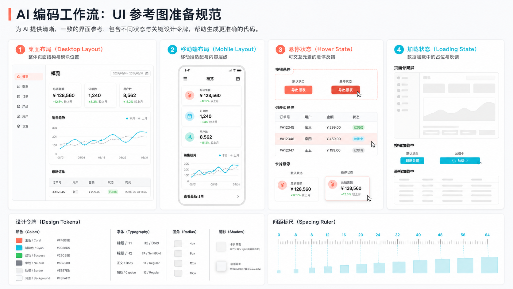 桌面、移动端、悬停和加载状态组成的 UI 参考包