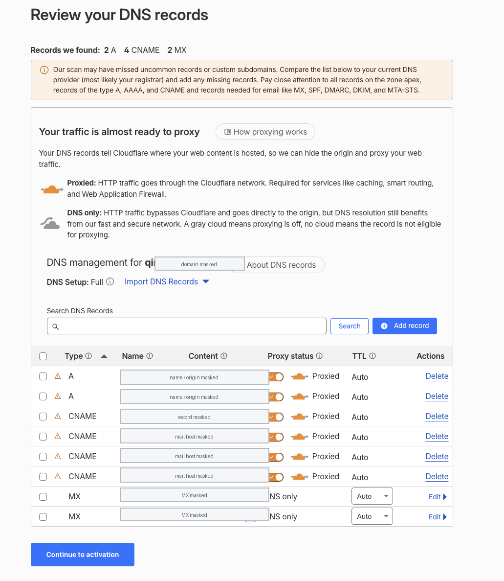 Cloudflare 自动导入 DNS 记录后，需要检查哪些记录被代理、哪些记录保持 DNS only