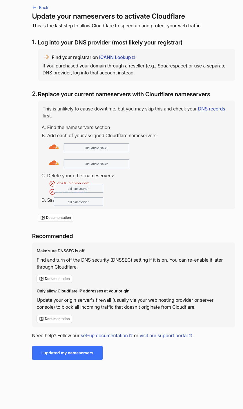 Cloudflare 要求把域名的 Nameserver 换成它分配的两条