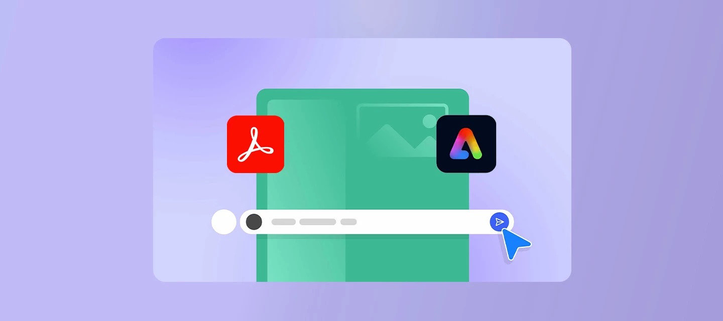 Adobe 官方插图：Acrobat 文档内容进入 Adobe Express 的设计生成流程。图片：Adobe。