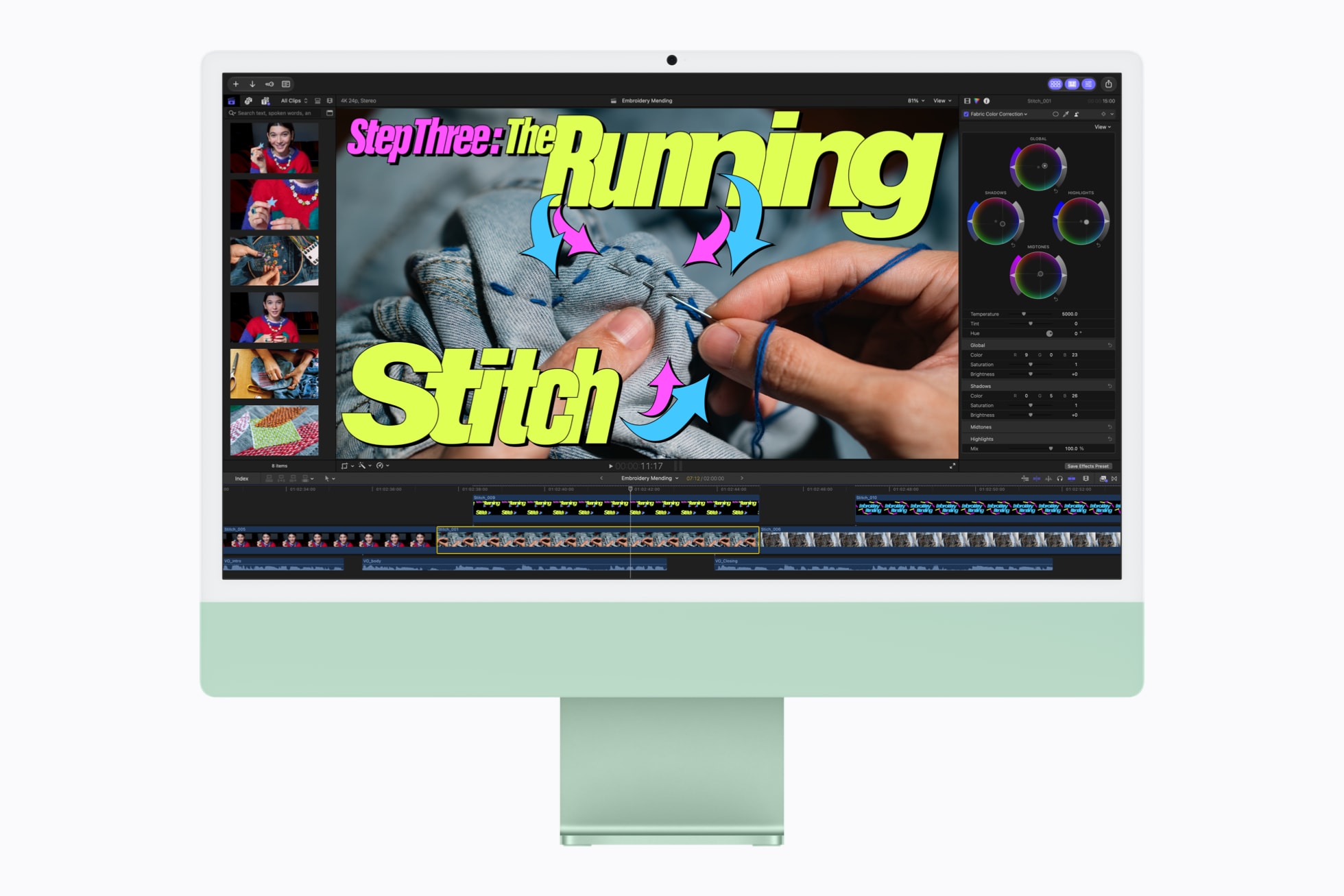 绿色 M6 iMac 展示 Final Cut Pro 视频编辑时间线