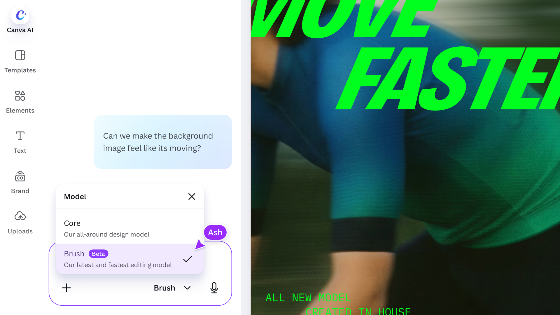 Canva 官方界面中选择 Brush 模型的示意。
