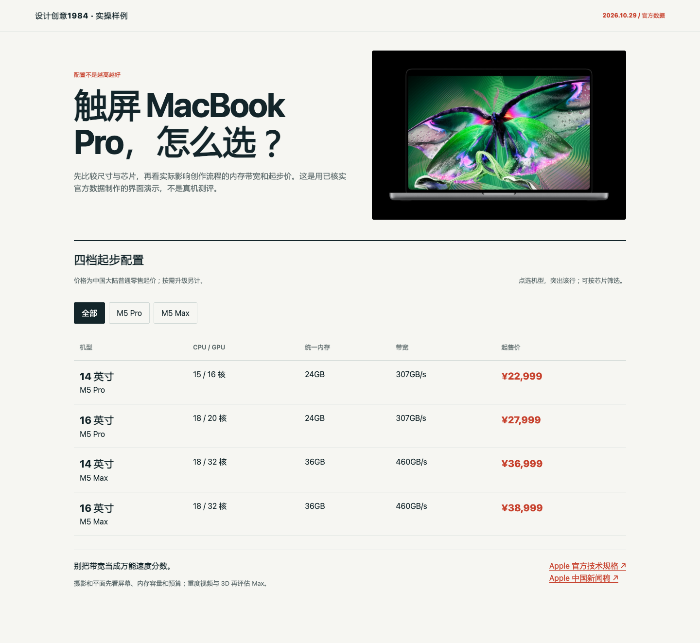 本站制作的触屏 MacBook Pro 规格比较页桌面截图