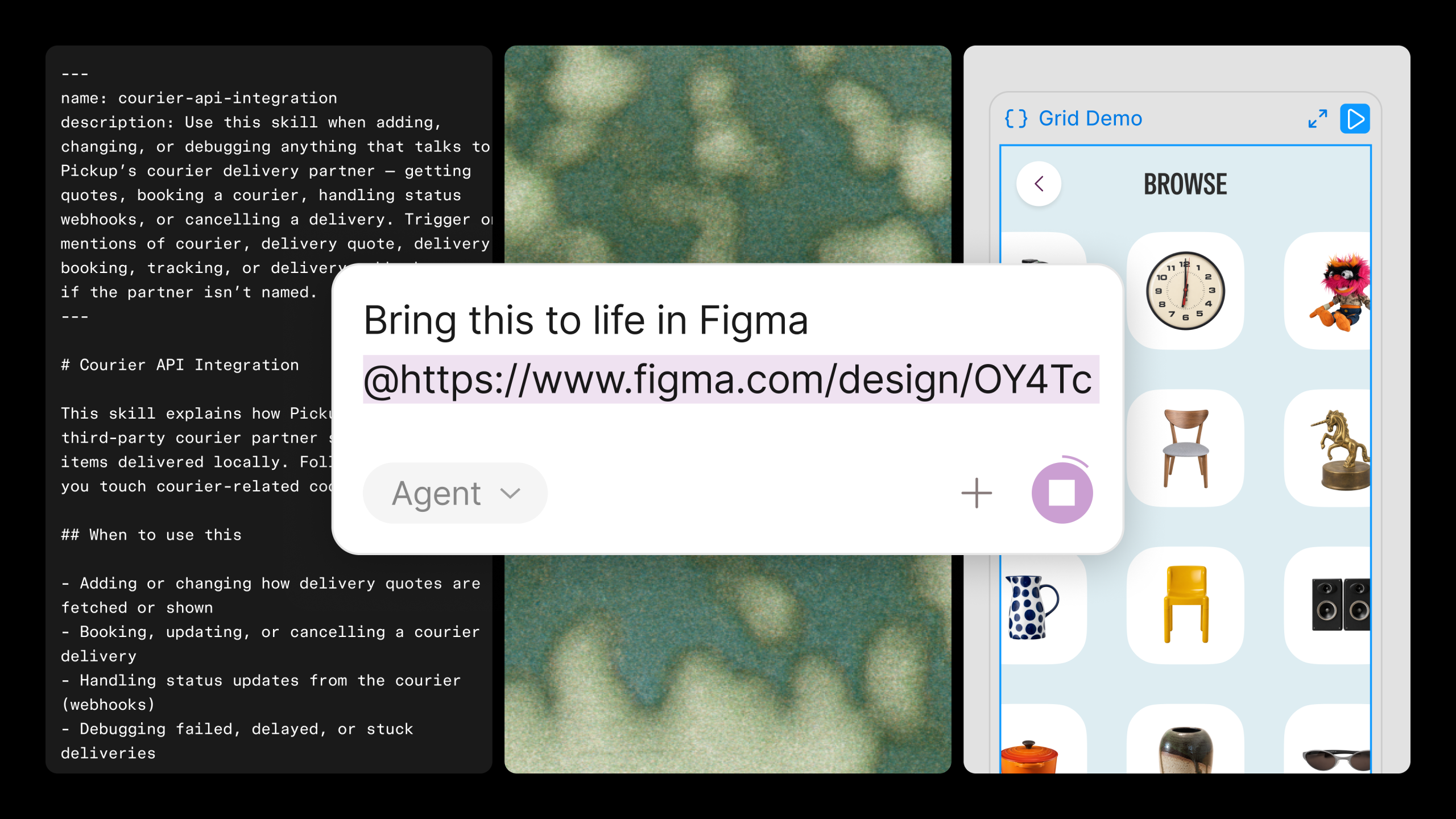 Figma 官方画面：代理提示、项目技能说明与产品界面在同一创作链路里。图片：Figma。