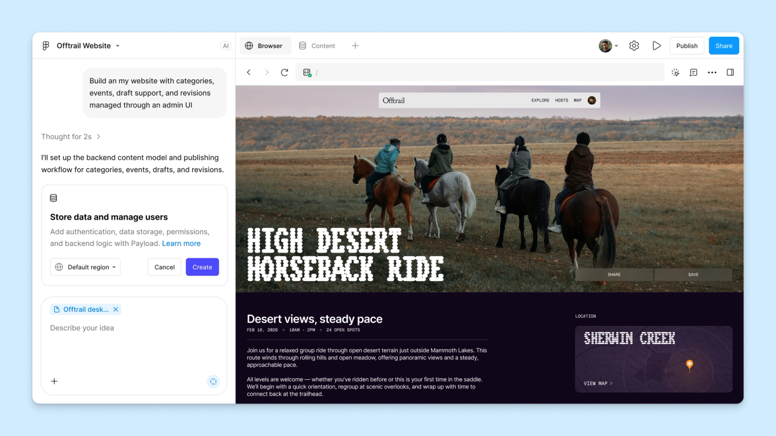 Figma Make 中的 Payload 网站预览与内容后台入口。图片：Figma。