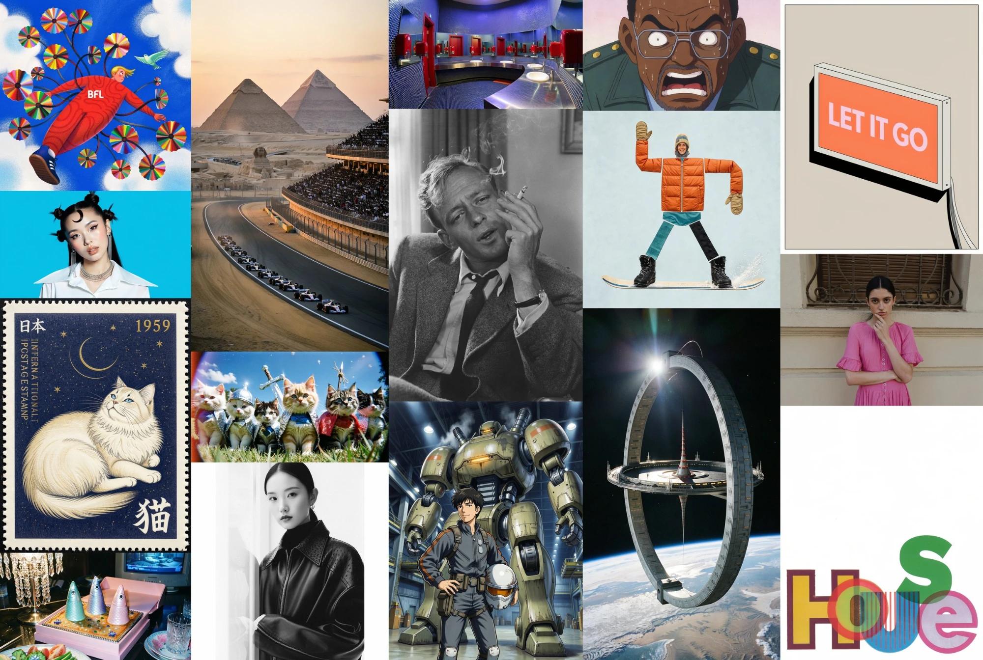 FLUX 3 Image Klein 官方输出拼图，展示摄影、插画、角色和文字等不同视觉类型。图片：Black Forest Labs。