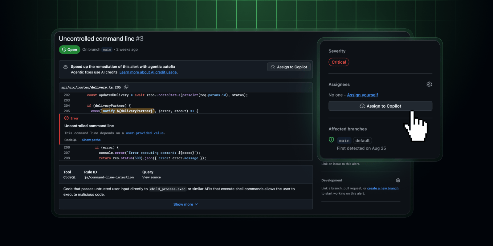GitHub 官方界面：代码扫描警报可指派给 Copilot 生成待审修复。图片：GitHub。