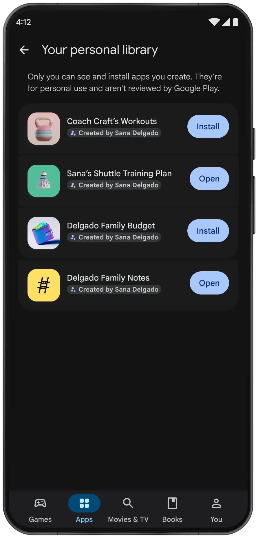 Google Play 官方演示的个人应用库，列出仅供自己安装的应用