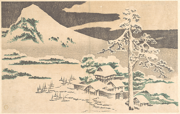 葛饰北斋冬日海滨村落原始馆藏图，横向村落与海面