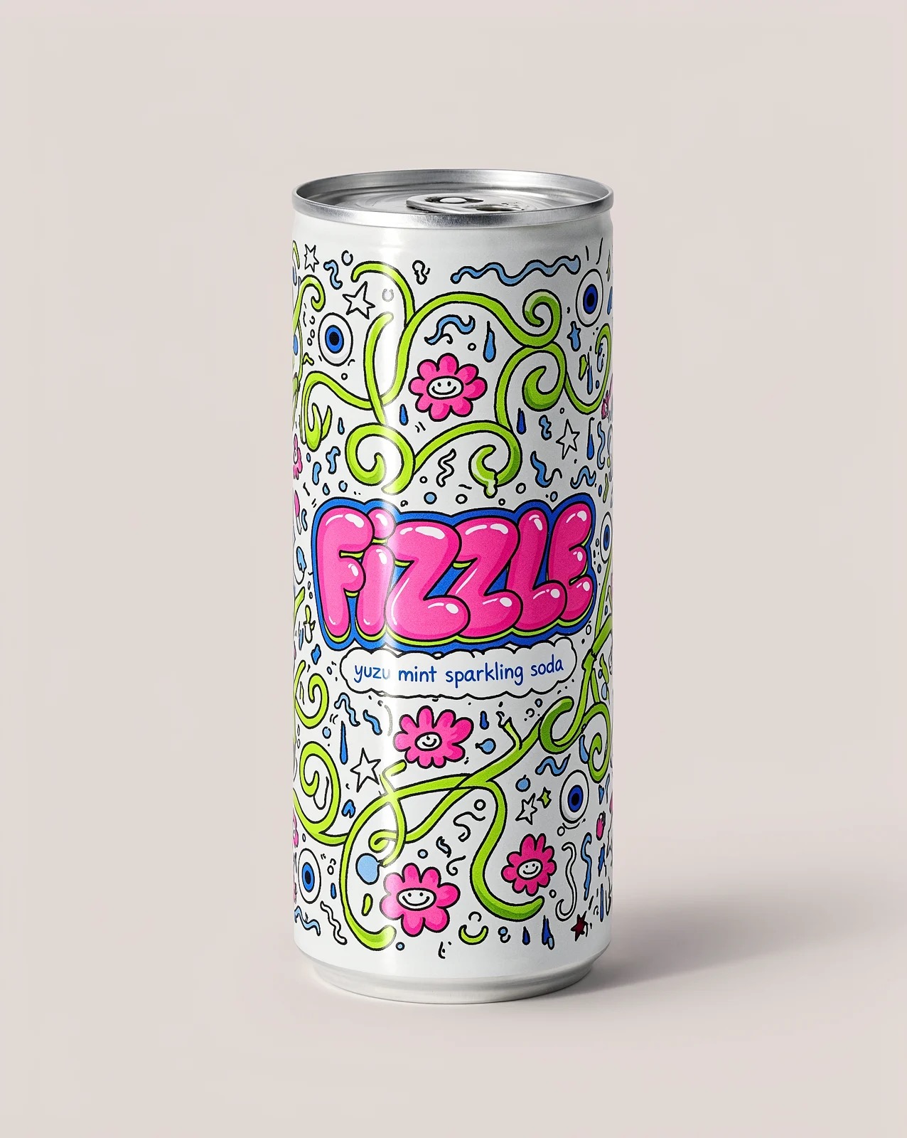 Krea 官方示例的 Fizzle 饮料白底包装照