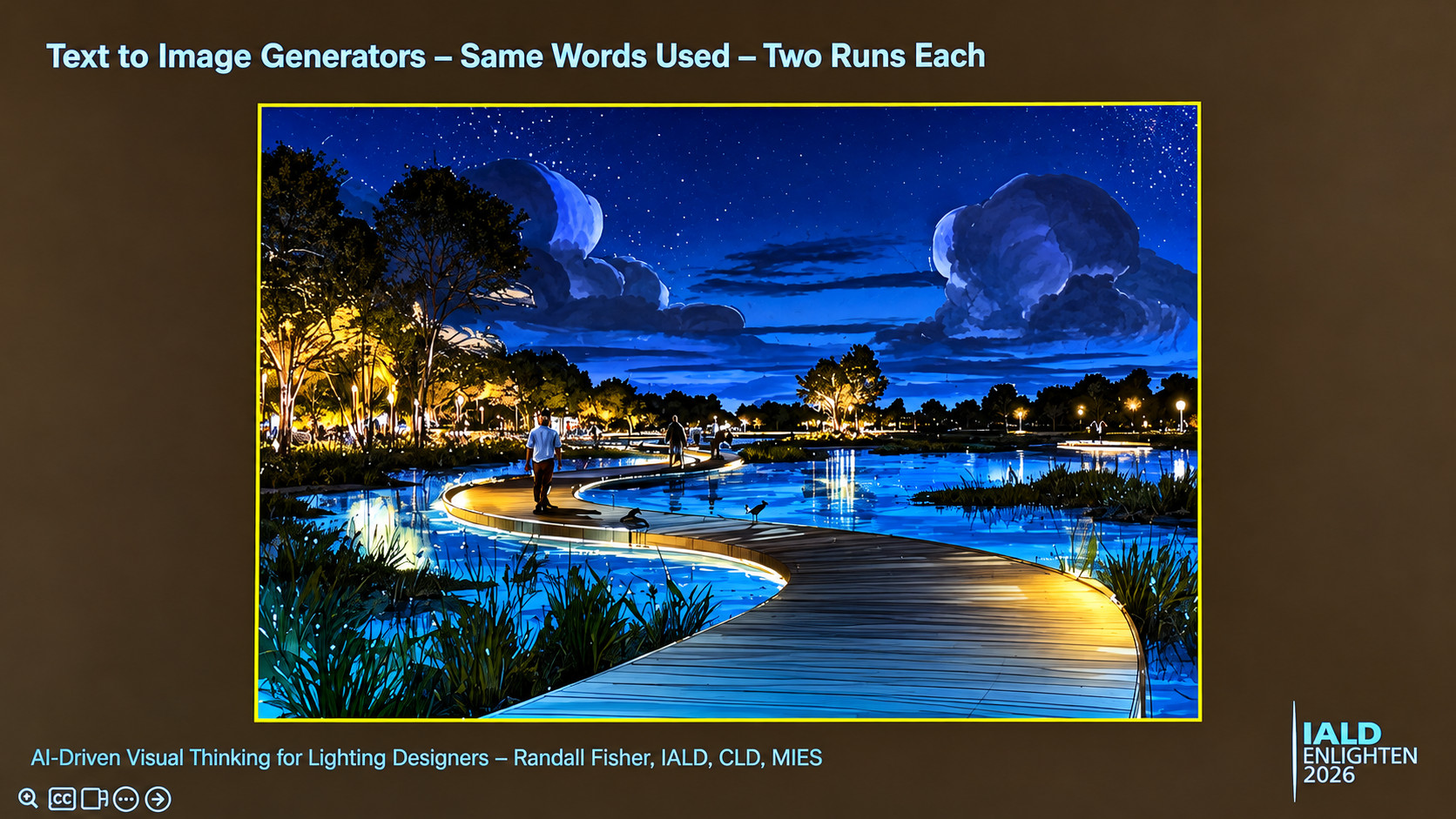 Randall Fisher 在 IALD 分享的湿地夜景概念图幻灯片，图片来自 Designing Lighting 的现场报道；这是概念视觉，不是实际建成场景。
