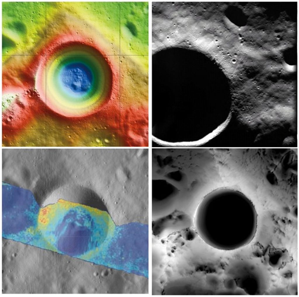 NASA 展示 Shackleton 环形山不同观测方式的四格资料图