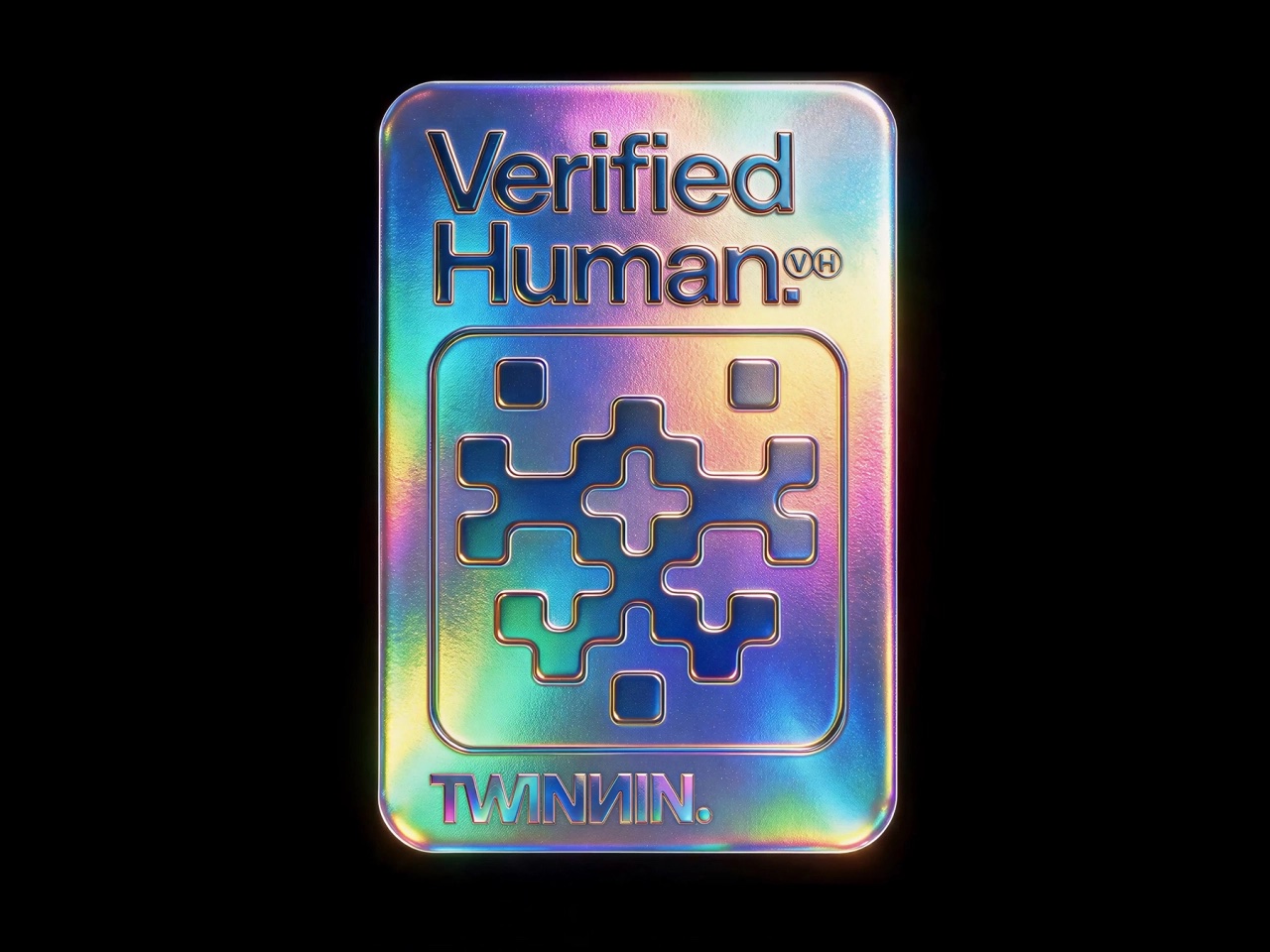 Twinnin 的 Human Verified 全息标识。品牌设计:UnitedUs;画面经 Creative Boom 刊载。